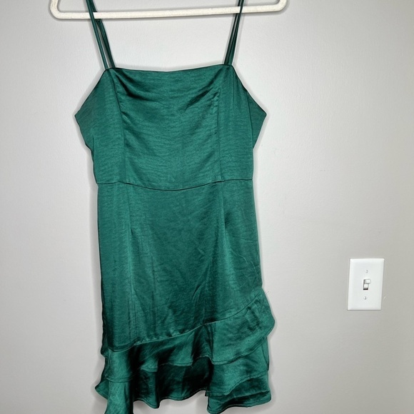 Lulu’s Dreams Come True Emerald Green Satin Ruffled Mini Dress - Picture 2 of 7
